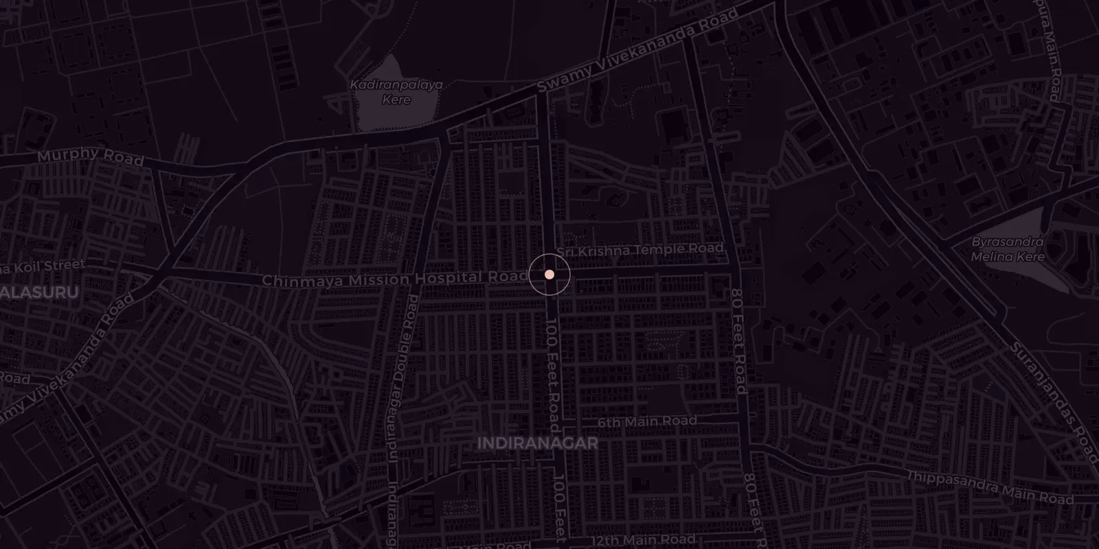 Street map of Indiranagar, Bengaluru, with the salon marked on 604 100 Feet Road